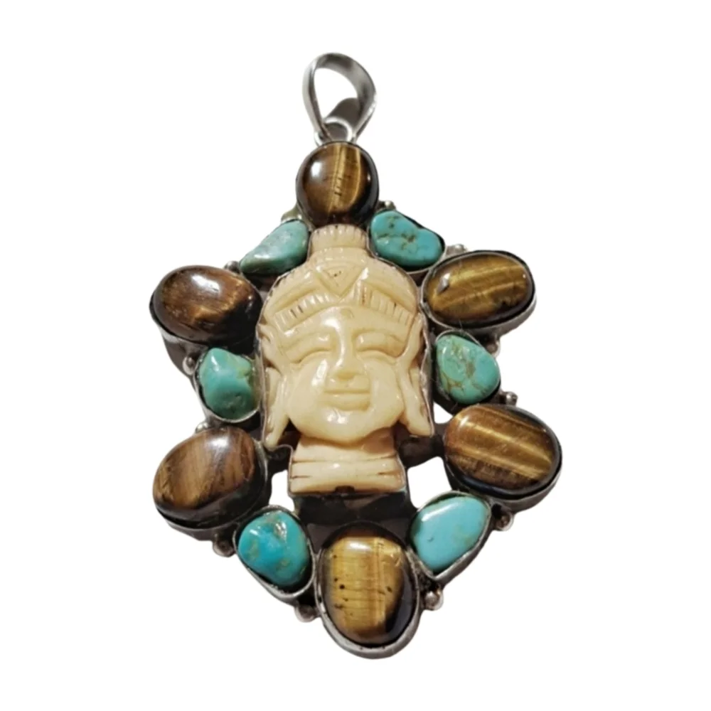 Large Carved Buddha Pendant 925 Silver with Genuine Turquoise & Tiger Eye RARE!!